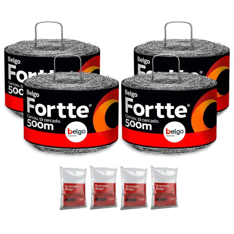 Kit Cerca | 4 Rolos Arame Fortte 500m + 4 Pacotes Grampo 1 KG Galvanizado Grande 9 X 1"
