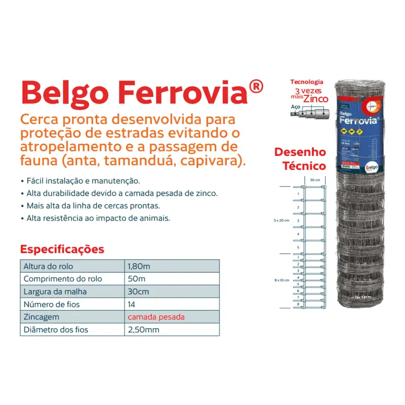 TELA BELGO FERROVIA 1,80M 14 FIOS 50 M