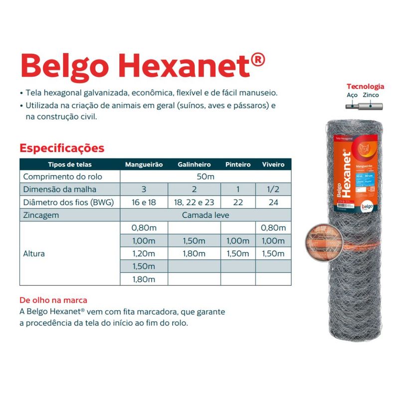 Tela Mangueirão Belgo Hexanet® - 3X16 1,80 - 50m
